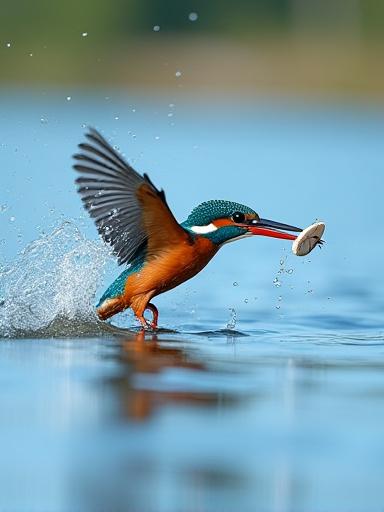 A Common Kingfisher diving into the water to catch a fish.